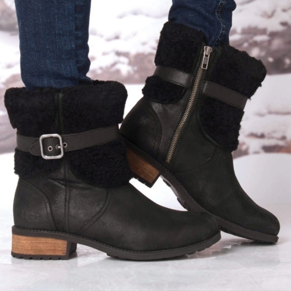 UGG Shoes - UGG Blayre Black Leather Boots with Shearling